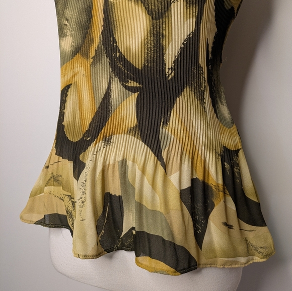 ⭐Sere Nade High Neck Accordion Pleated Abstract Print Peplum Hem Sheer Top - Picture 5 of 7